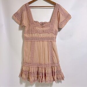 VS Dusty Rose pink Eyelet Puffy Sleeve Babydoll boho crochet lace Dress Sz 14